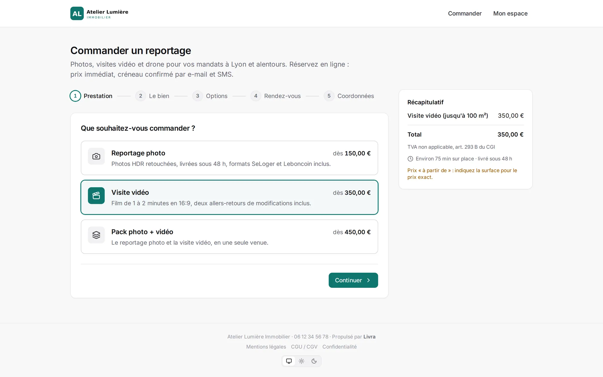 Page de commande : choix de la prestation et récapitulatif du prix
